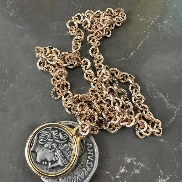 Vintage 1980s Gold Plated Statement Chain Necklace with Coin Pendant - Picture 7 of 11